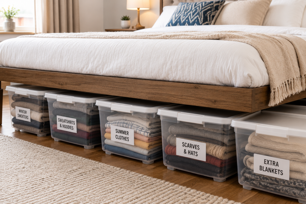 Under-bed storage bins for seasonal clothing