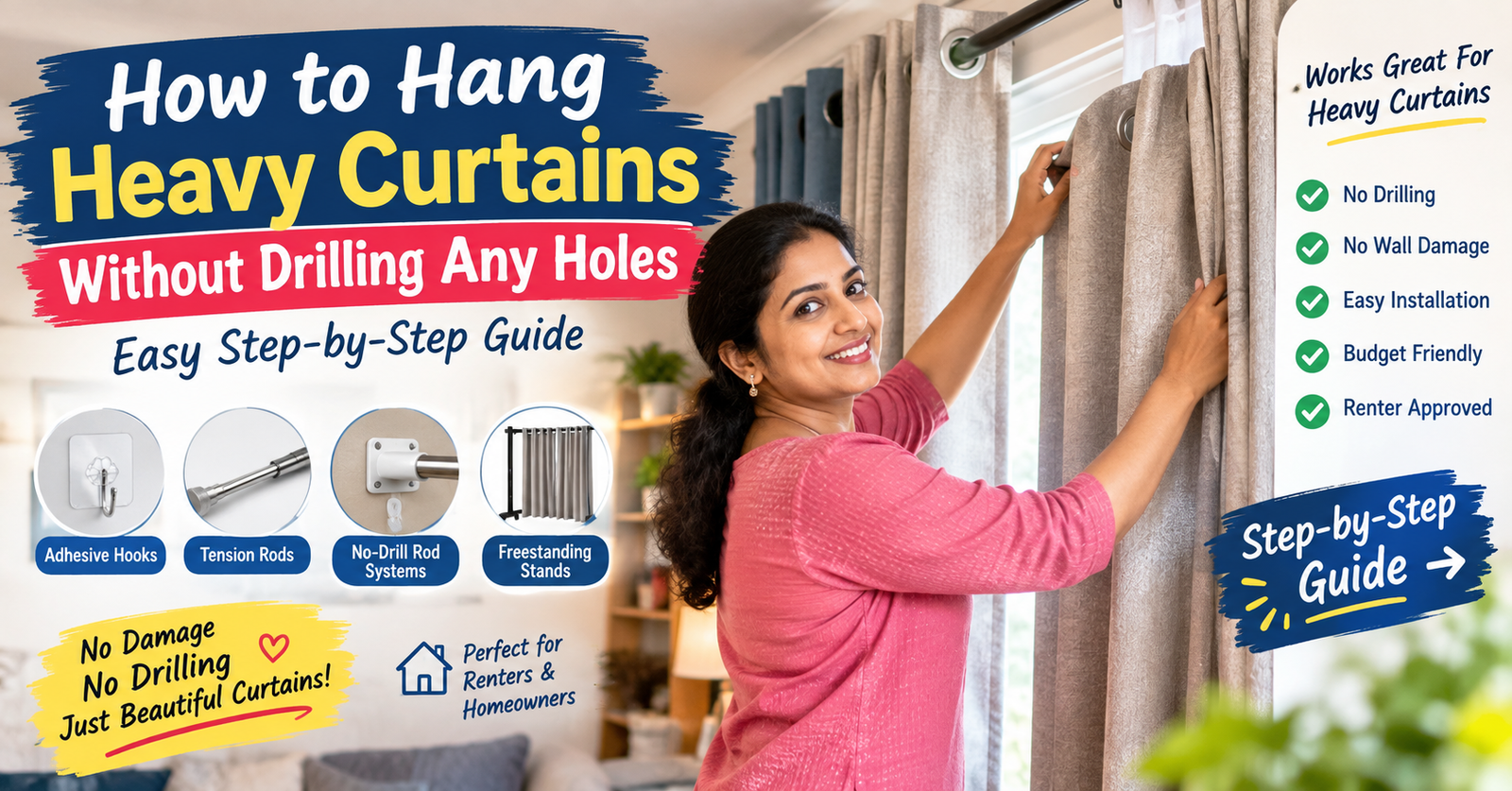 hang heavy curtains without drilling